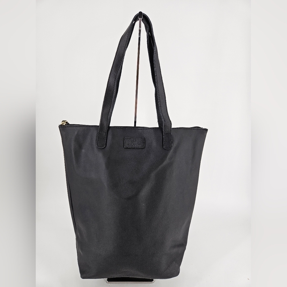 NEW Joy Mangano JET BLACK Tall Pebbled Leather Tote Bag PURSE Shopper